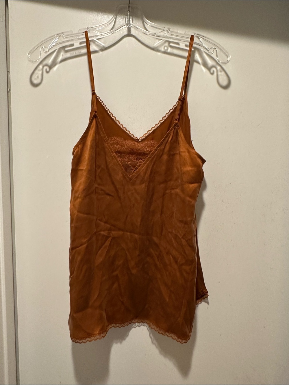 Anthropologie Satin Lace-Trim Cami - Rust Brown Size Small 100% Silk